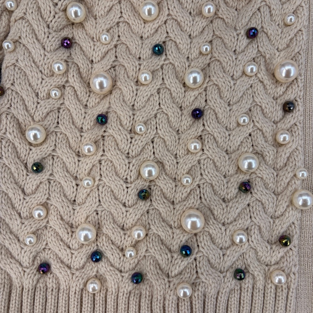 Boston Proper Beige Pearl Embellished Cable Knit Cardigan Sweater Womens Medium - Picture 3 of 8